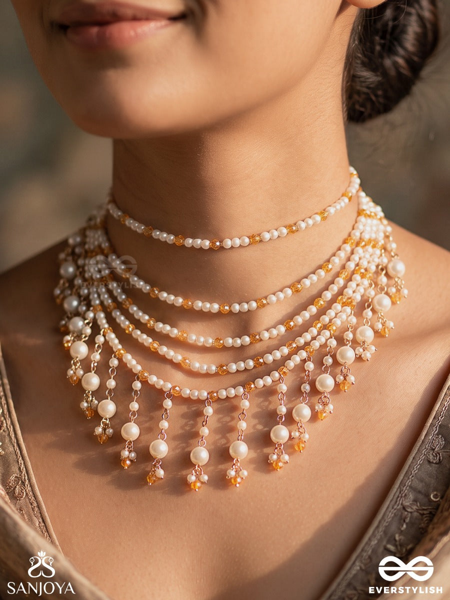 Kinjal – Flower Filament – Multi-Purpose 3-In-1 Layered Chain With Amber Beadwork, Pearl Clusters And Cascading Strands