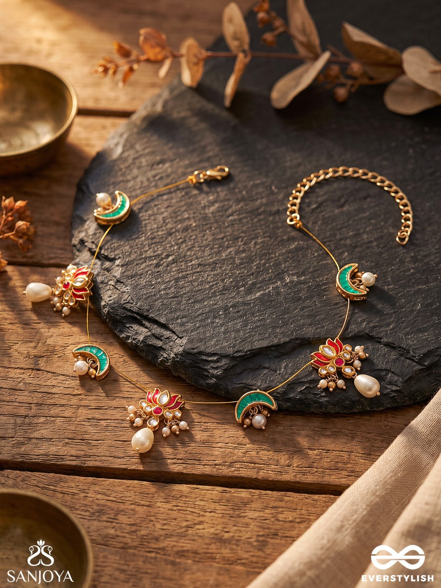 Madhurima – Sweet Grace – Heritage Necklace With Enamel Crescent Motifs, Coral Floral Clusters, Pearl Drops And Golden Detailing