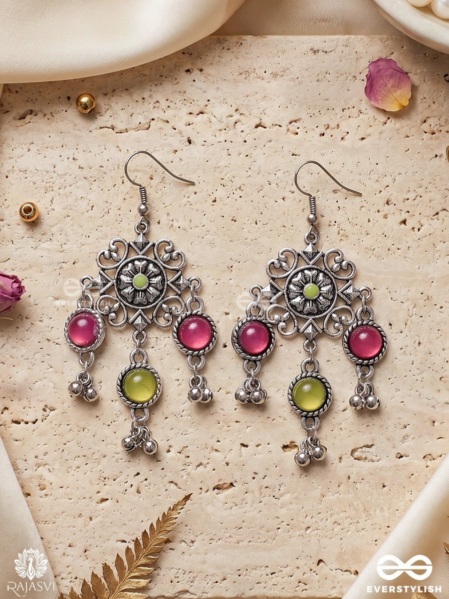 Madhuvarni – Oxidised Floral Heritage Earrings With Fuchsia And Lime Stones, Finished With Ghungroo Drops