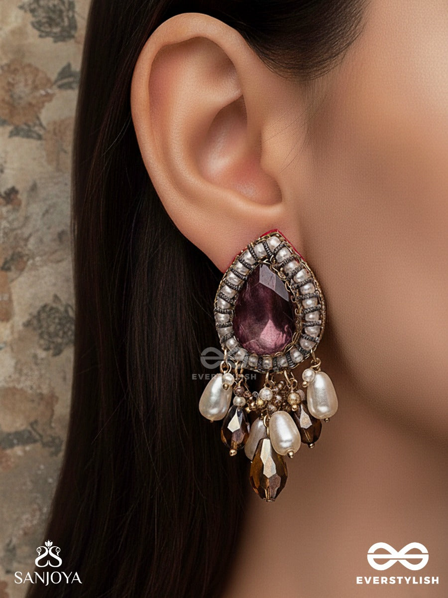 Atyala - The Rosy Raindrop - Stone, Beads And Glass Drop Hand Embroidered Earrings
