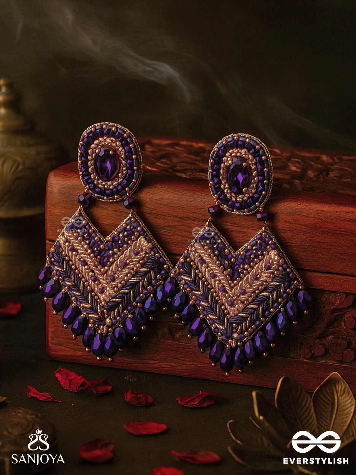 Ratriraja - The Dark Radiance - Stone, Glass Drop And Cut Dana Embroidered Earrings