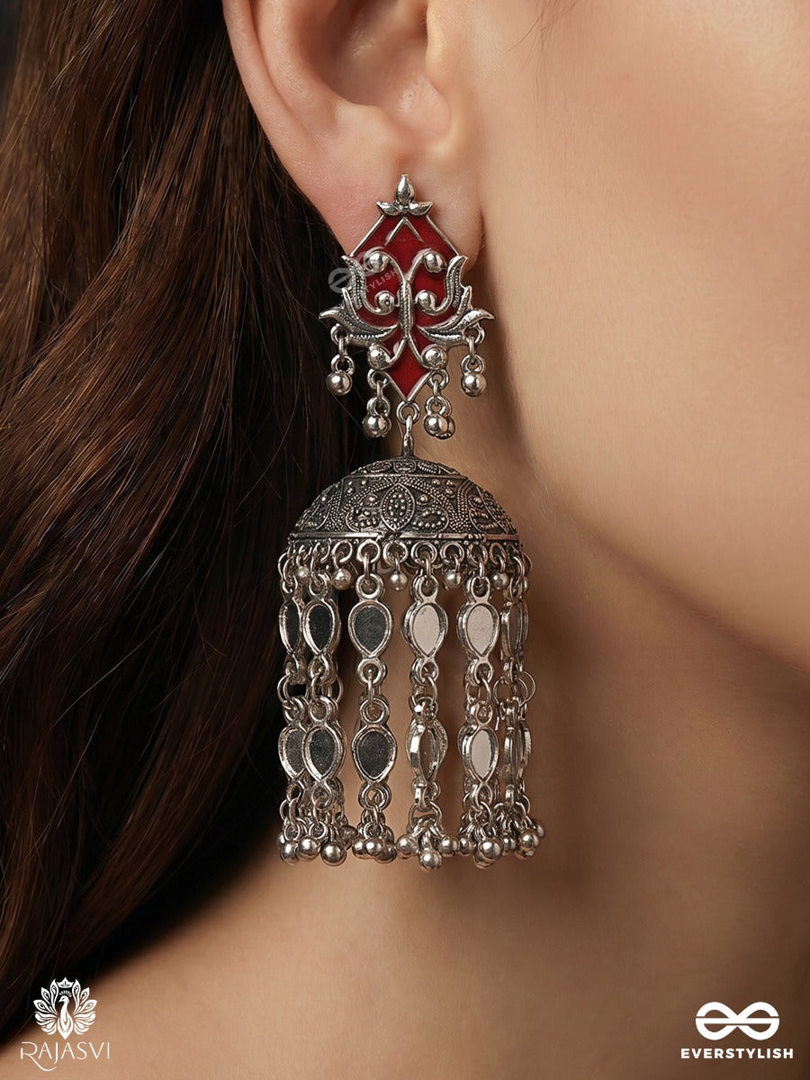 Tamrashree – Oxidised Tassel Earrings With Crimson Enamel Motifs, Coin Cascades And Ghungroo Details