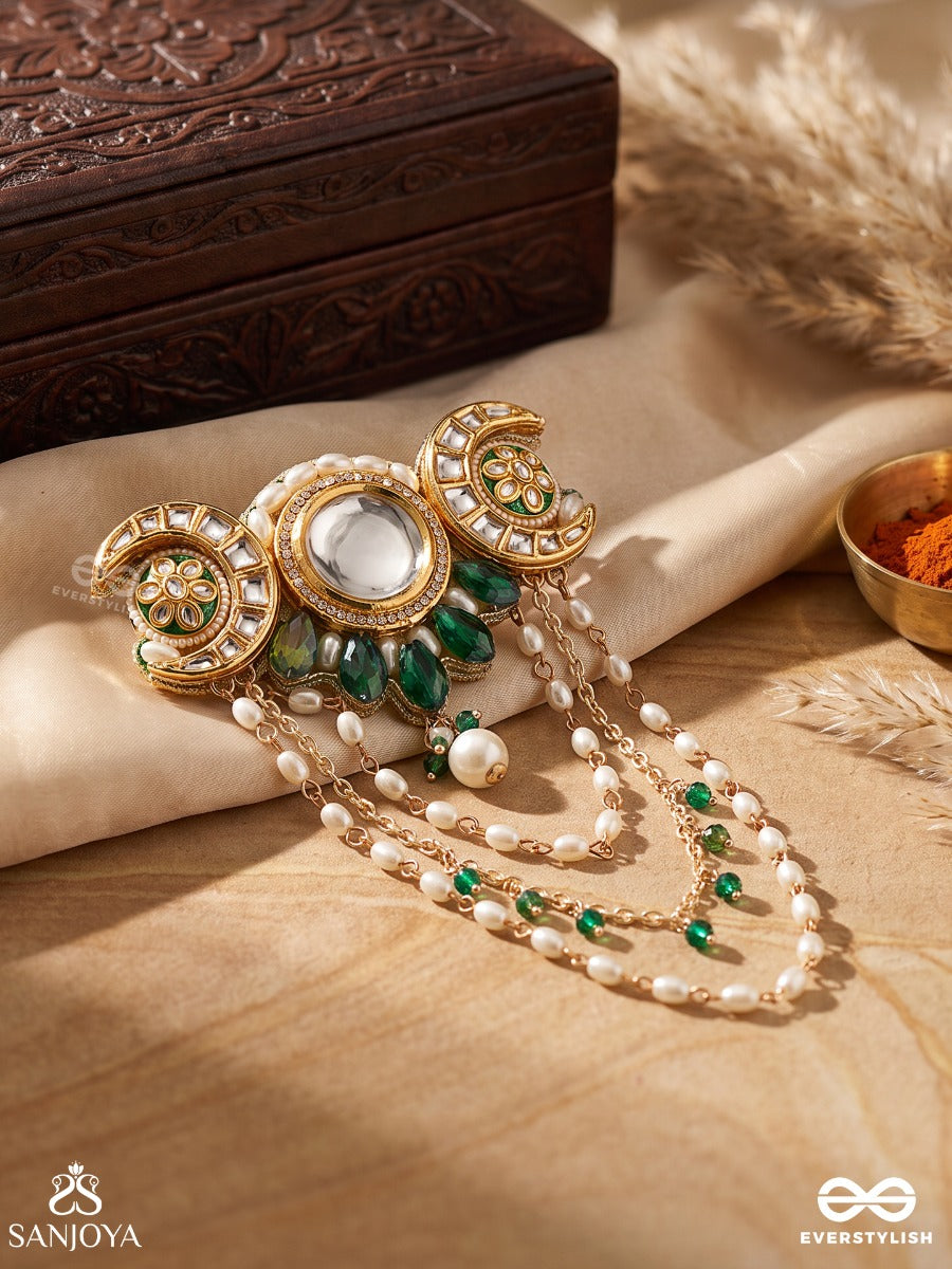 Ardhika – Little Crescent – Heritage Hair Accessory With Crescent Meenakari Motifs, Mirror Kundan Centre, Pearl Chains And Emerald Bead Accents