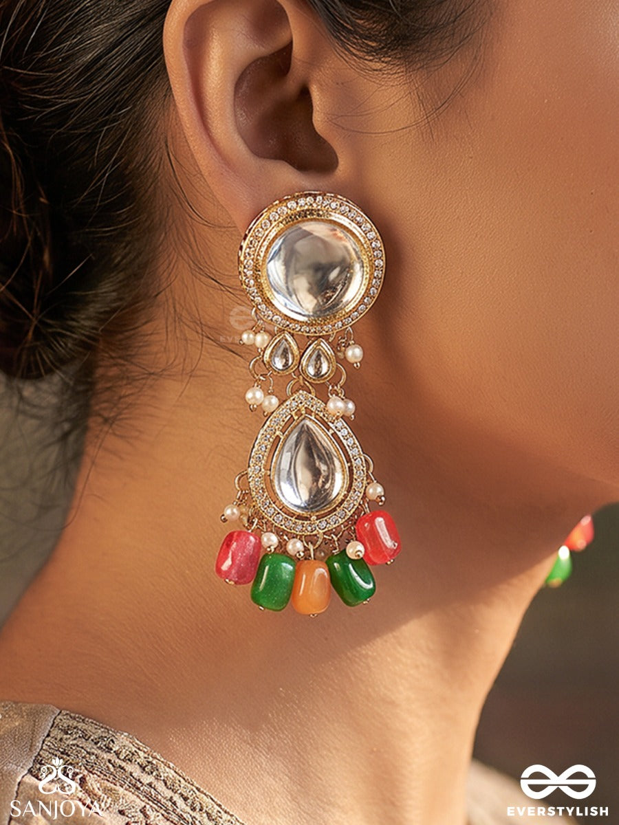 Madhuban – Honey Garden – Heritage Earrings With Mirror Kundan Motifs, Pearl Clusters, Vibrant Pink-Orange-Green Bead Drops And Ornate Golden Filigree