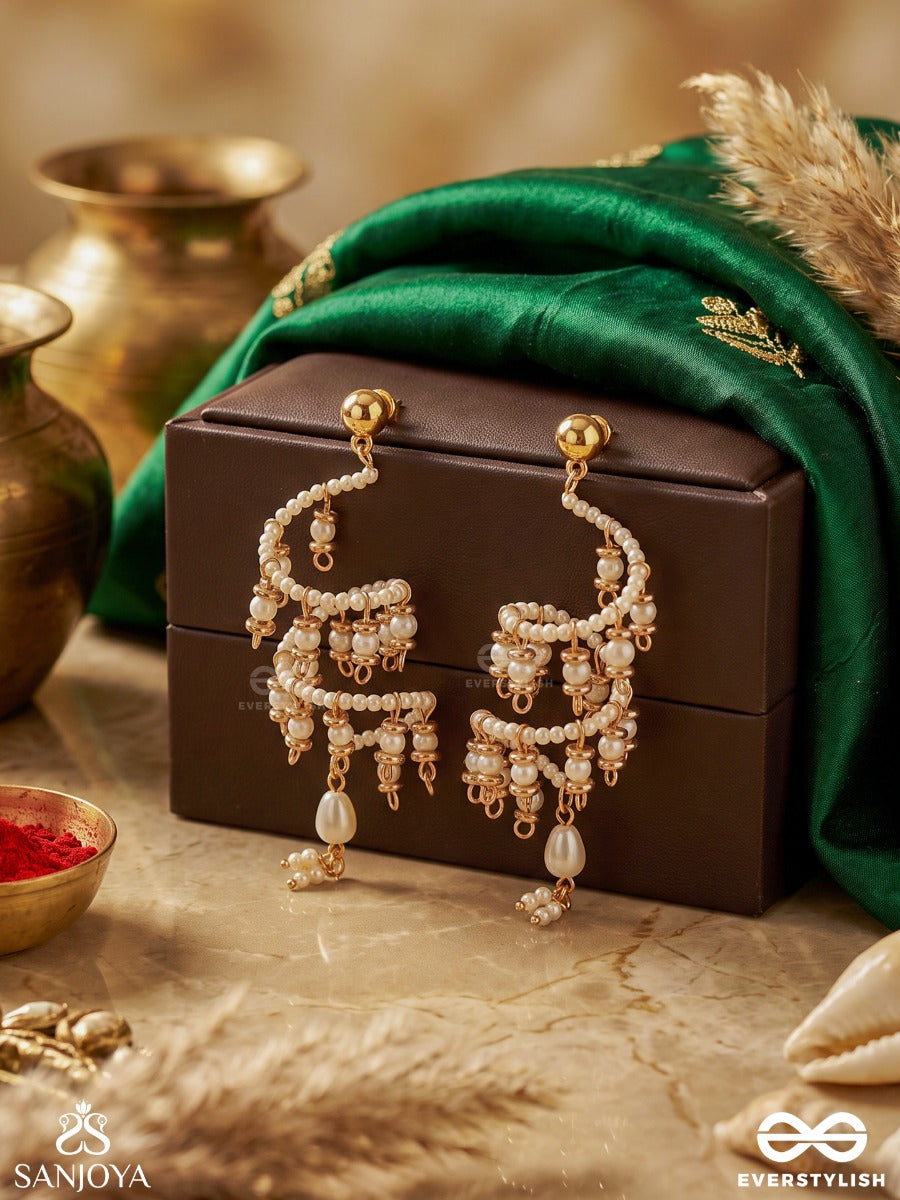 Sarangika – Melodious Beauty – Sculptural Earrings With Spiral Pearl Coils, Golden Accents And Lustrous Pearl Pendants