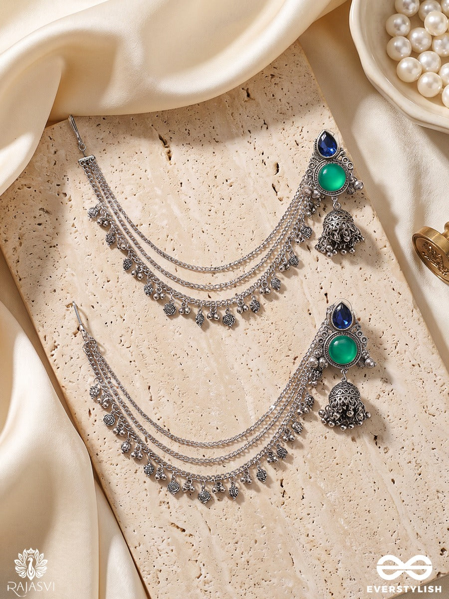 Tarangini – Oxidised Chain Earrings With Layered Chains, Gem Accents And Jhumki Drops