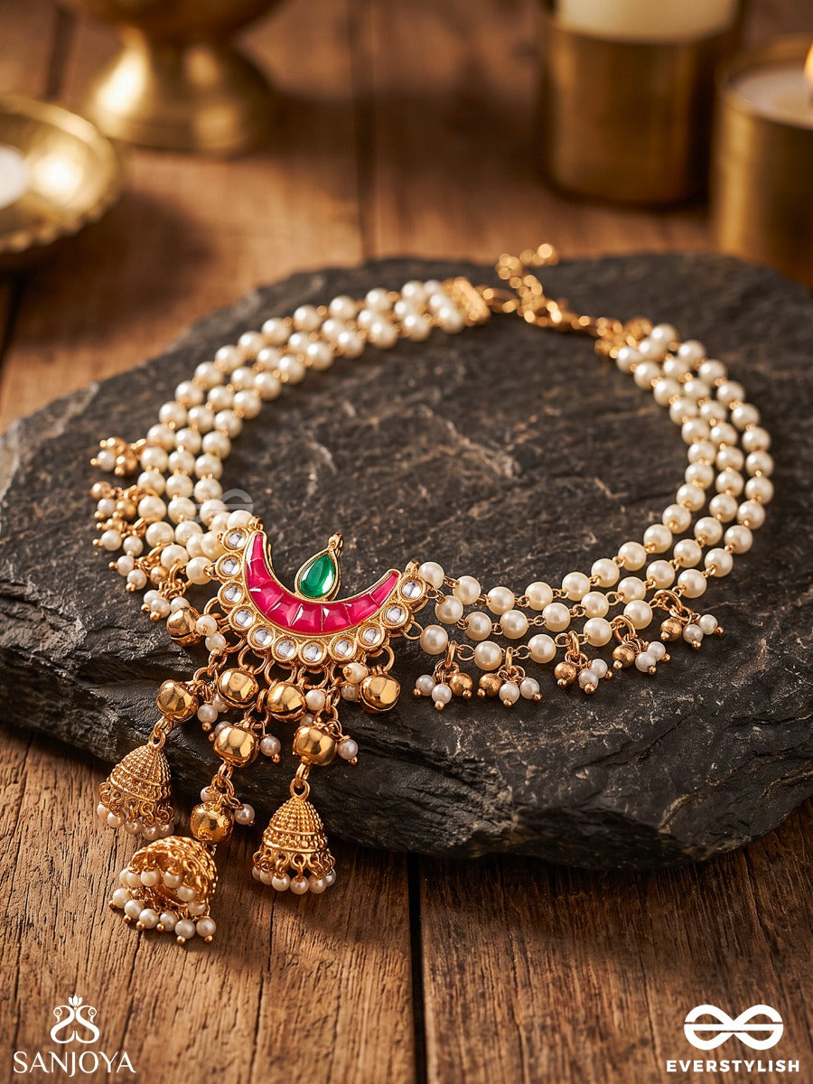 Shringara – Divine Adornment – Heritage Armlet (Single) With Layered Pearl Strands, Enamel Crescent Motif, Jhumki Charms And Ghungroo Accents