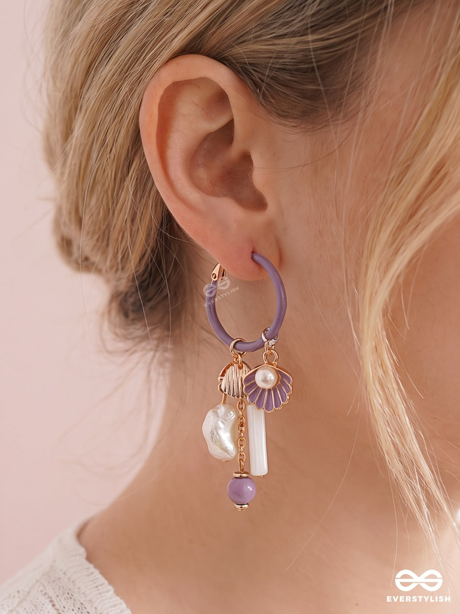 Mauve Marina – Purple Hoop Earrings With Shell And Pearl Charms