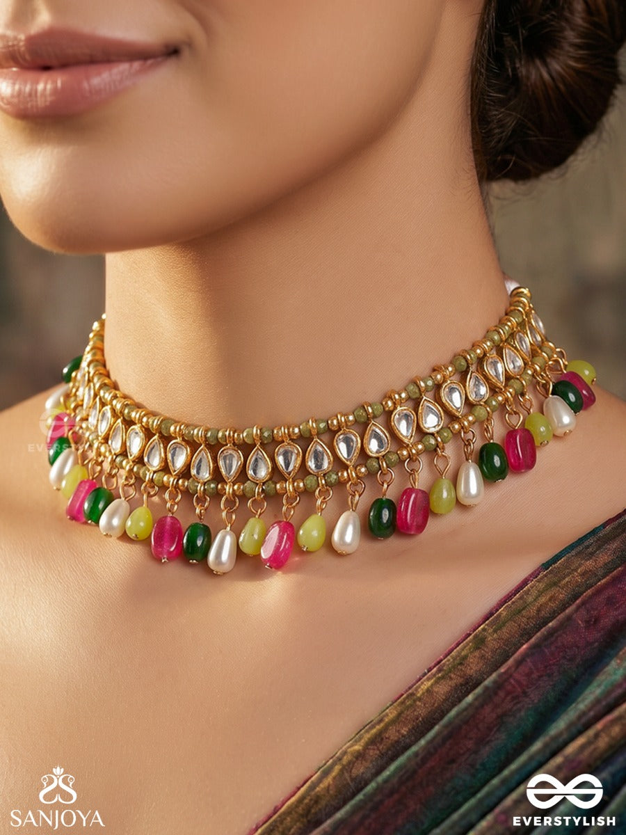 Manikvalli – Jewelled Creeper – Ornate Choker With Gold-Tone Panel Detailing, Pink-Green Bead Danglers And Delicate Hanging Accents