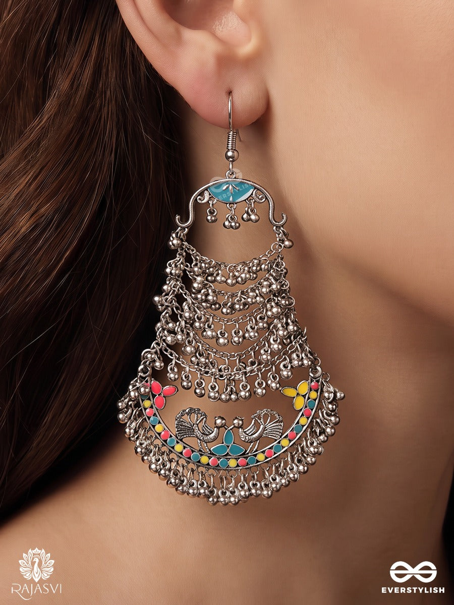 Kalanjali – Oxidised Earrings With Intricate Chainwork, Folk Motifs And Ghungroo Details