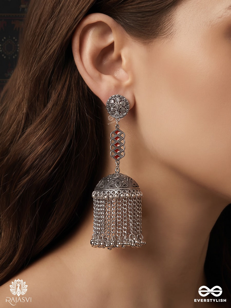 Shilpaakar – Oxidised Filigree Dome Earrings With Chain Tassels And Maroon Stone Detail