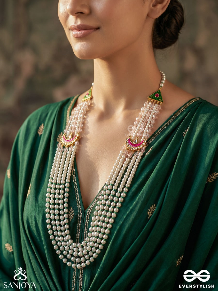 Falakshree – Heavenly Splendour – Multi-Layer Pearl Rani Haar With Enamel Crescent Motifs, Green Bead Accents And Regal Detailing