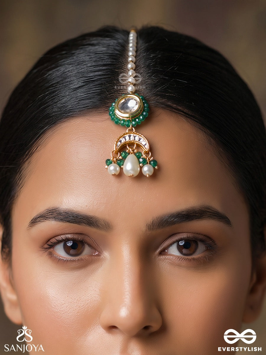 Bhavamrita – Divine Nectar – Heritage Maangtika With Mirror Kundan Centre, Emerald Enamel, Pearl Accents And Crescent Motifs