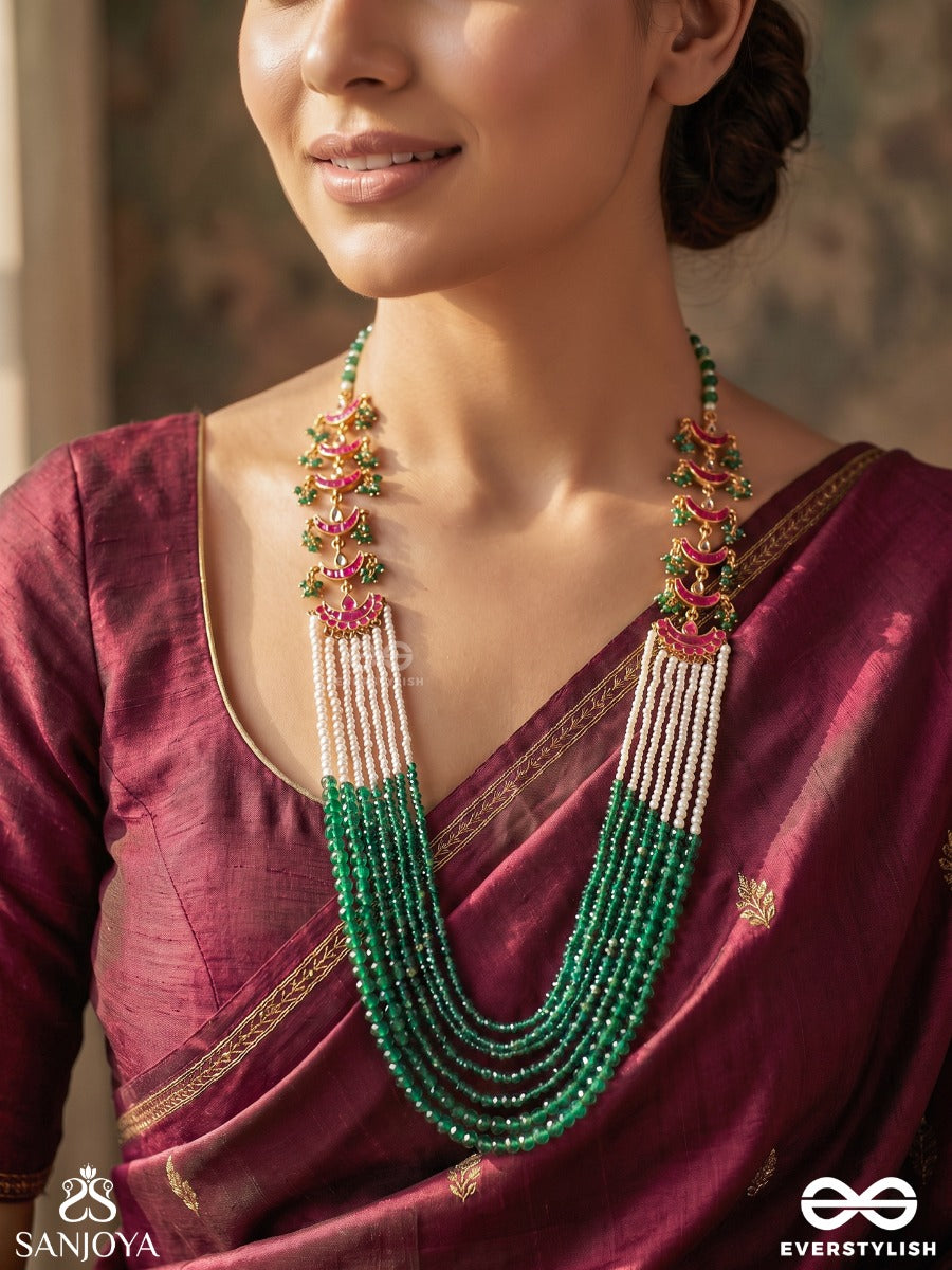 Ruhaanika – Soulful Elegance – Multi-Layer Rani Haar With Emerald Bead Strands, Pearl Layers And Enamel Crescent Motifs