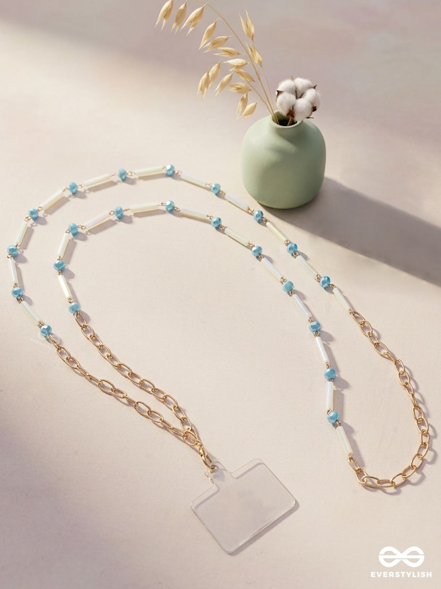 Blue Ping – Blue & White Beaded Phone Sling With Gold-Tone Chain