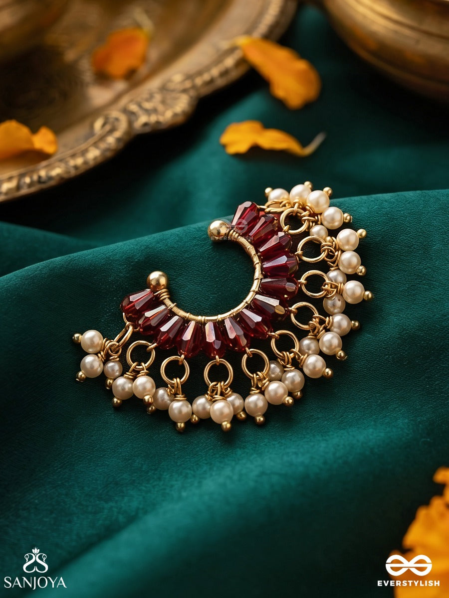 Manikpankhi – Ruby Petals – Ornate Single Earcuff With Deep Pink Stone Arc, Pearl Cluster Detailing And Gold-Tone Dangling Accents