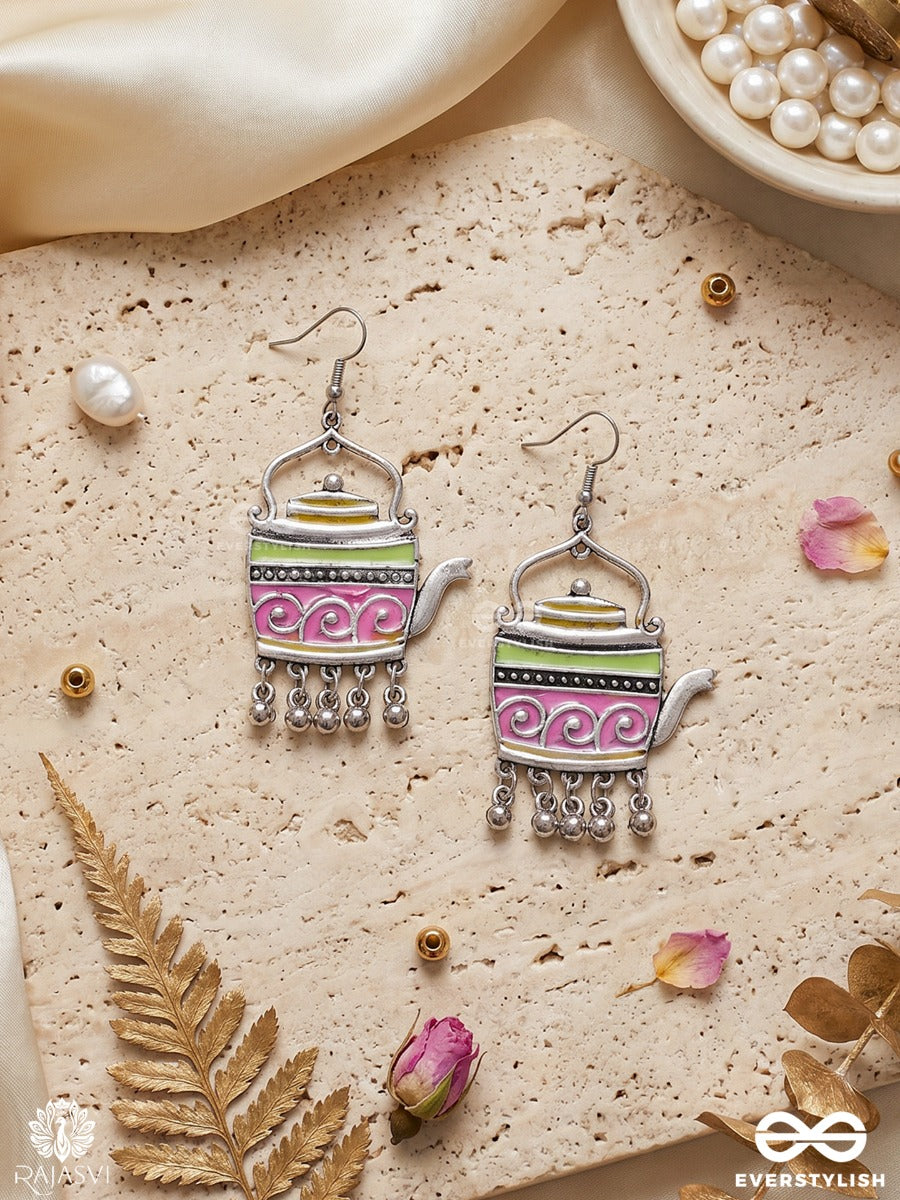 Chayamanjari – Oxidised Teapot Earrings With Multicolour Pastel Enamel And Ghungroo Drops