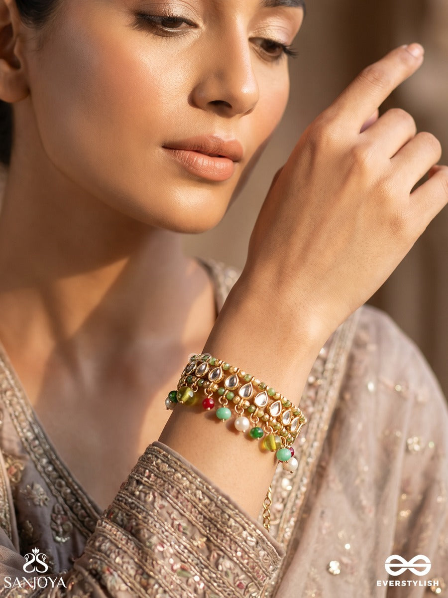 Rangjhilmil – Colourful Sparkle – Ornate Single Piece Bracelet With Stone-Studded Bar Detail, Delicate Gold-Tone Chainwork And Multi-Colour Bead Danglers