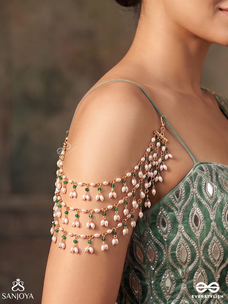Nooran – Filled With Light – Ornate Multi-Purpose 3-In-1 Layered Chain With Cascading Pearl Clusters, Aqua Beads And Delicate Golden Links