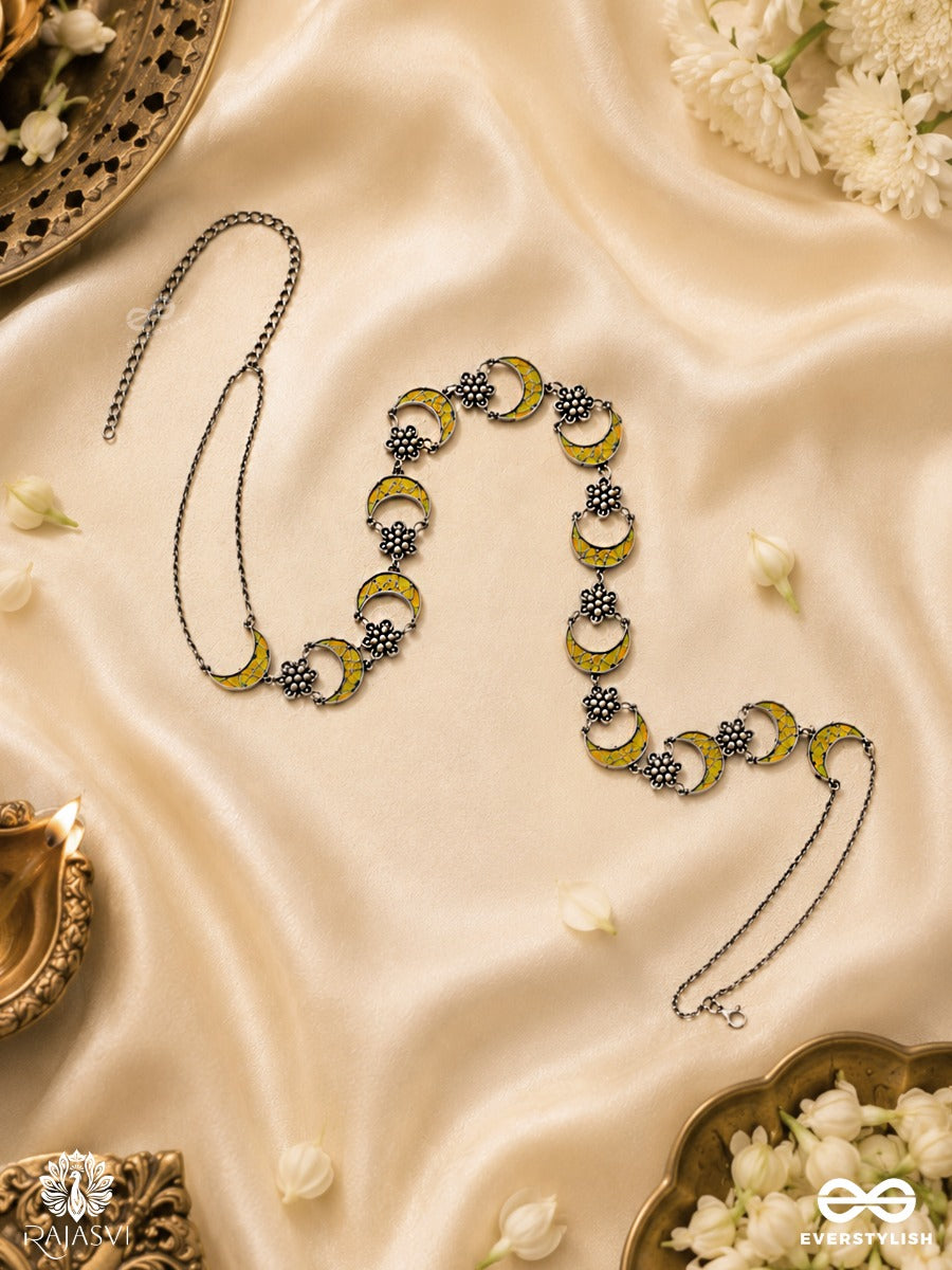 Chandrima – Oxidised Waist Chain With Crescent Motifs And Yellow Accents