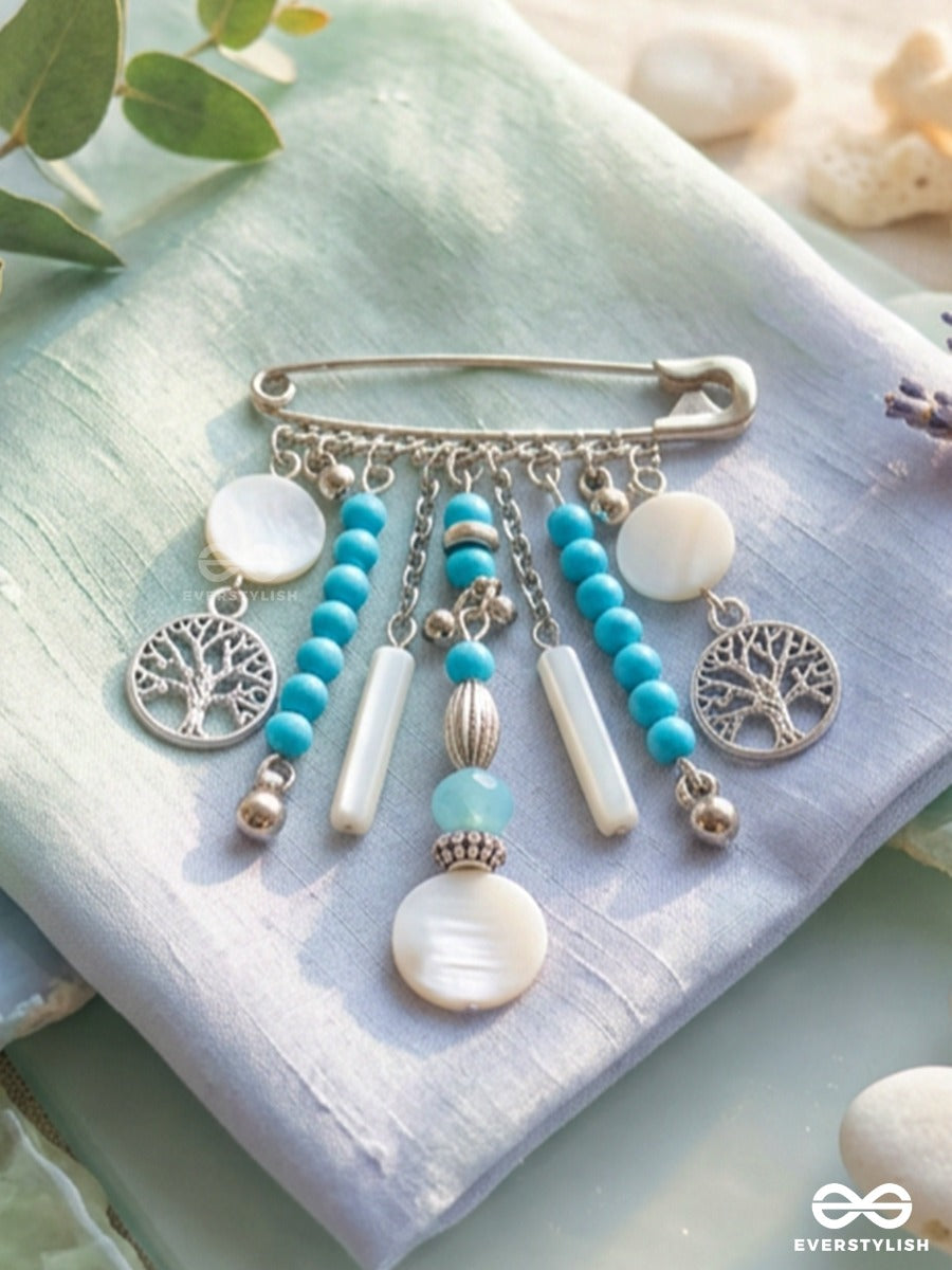 Ocean Roots – Silver-Tone Brooch Pin With Tree Of Life Charms And Turquoise Beads