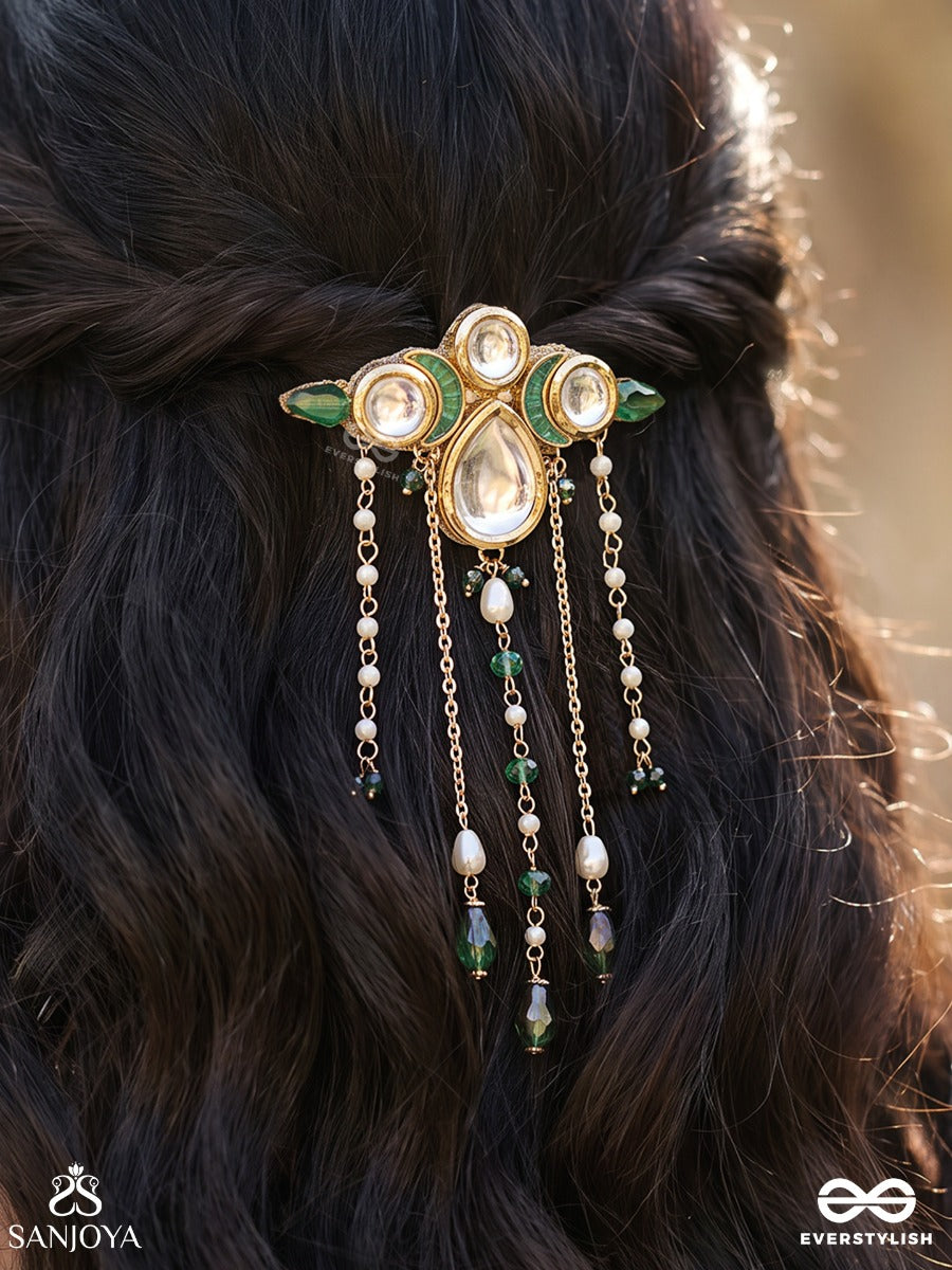 Karnapriya – Beloved Adornment – Heritage Hair Accessory With Kundan Mirror Motifs, Emerald Enamel, Pearl Chains And Aqua Drop Accents