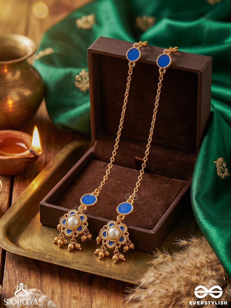 Jyotsnaa – Moonlight – Heritage Earrings With Sahara Ear Chain, Blue Enamel Disc And Pearl Ghungroo Drops