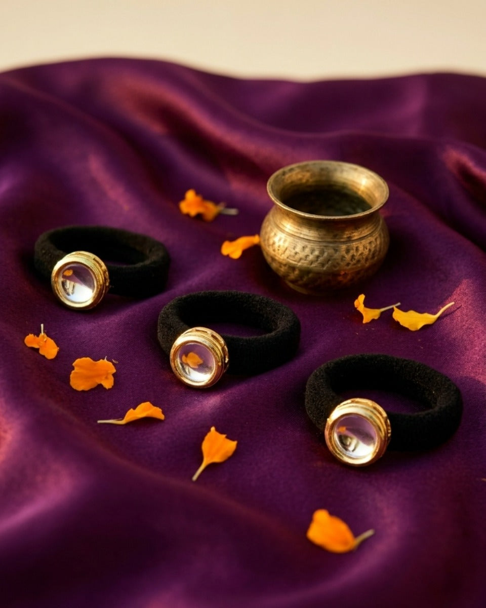 Mishika - Sweet Grace - Pack Of 3 Black Hair Accessories With Round Golden Centrepiece And Clear Crystal Detail