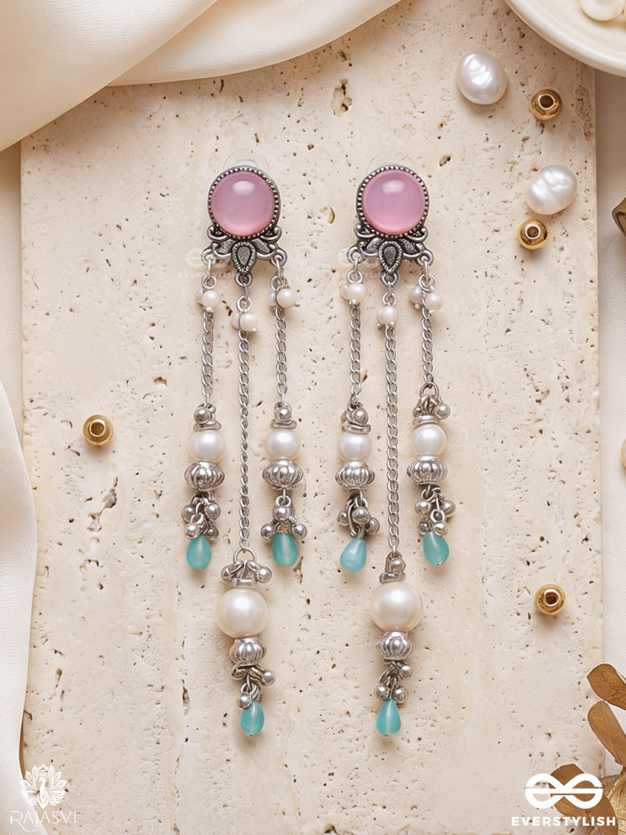 Lilavati – Oxidised Long Earrings With Lilac Stones, Floral Charms And Pearl Drops