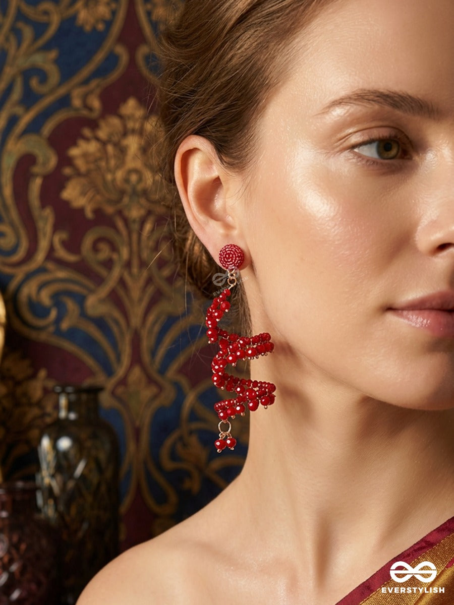 Crimson Petal – Statement Spiral Earring With Faceted Red Beads