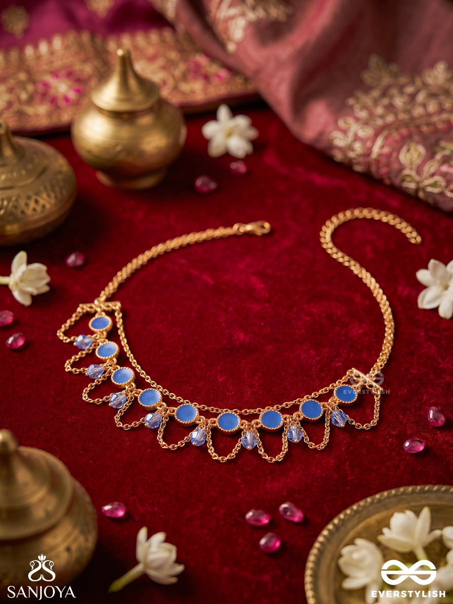Ambunila – Blue Waters – Elegant Necklace With Blue Enamel Scallops, Pearl Accents And Golden Filigree