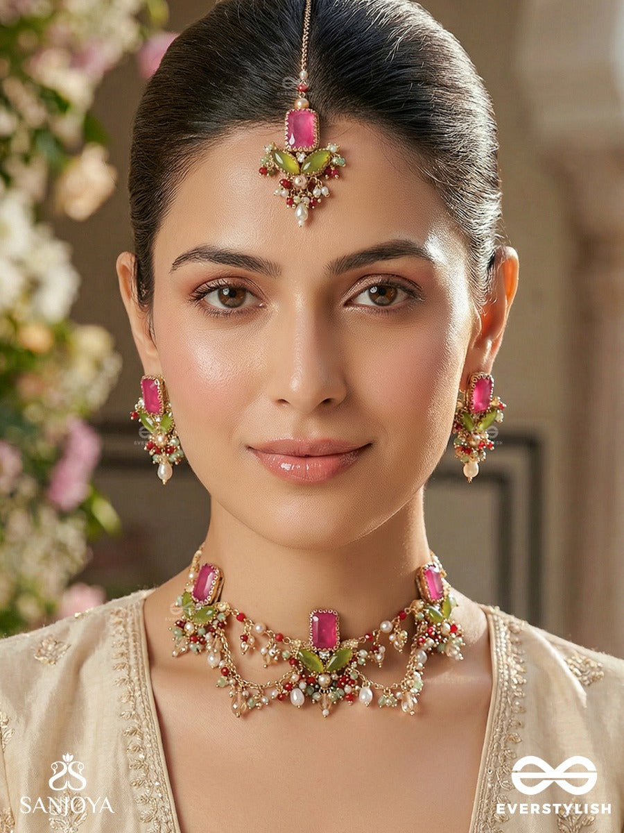 Asita - The Regal Orchid - Stones, Beads And Pearls Hand Embroidered Set With Neckpiece, Earrings & Maangtika