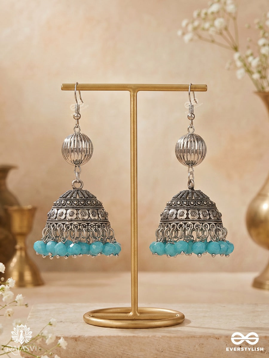 Jaldhwani – Oxidised Jhumka Earrings With Turquoise Bead Fringe And Engraved Dome