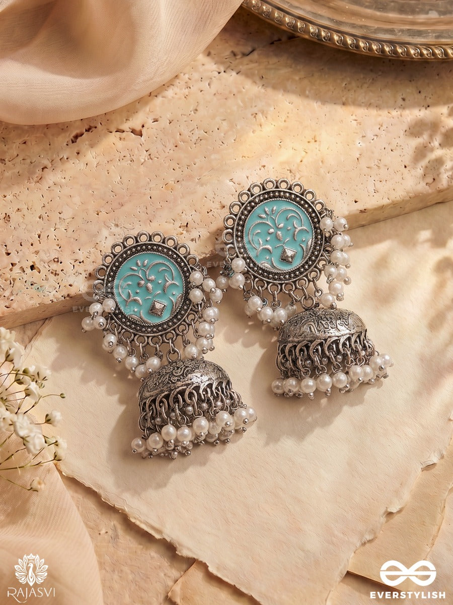 Neeltarangini – Oxidised Jhumka Earrings With Turquoise Enamel Medallions, Pearl Clusters And Filigree Domes