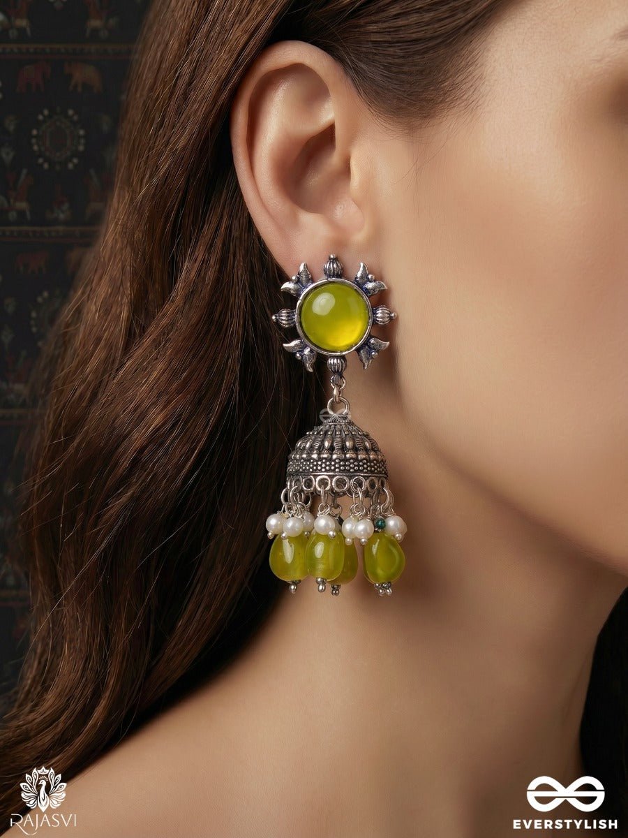 Neelamrita – Oxidised Jhumkas With Lime Green Stone, Pearl Clusters And Lime Green Bead Drops