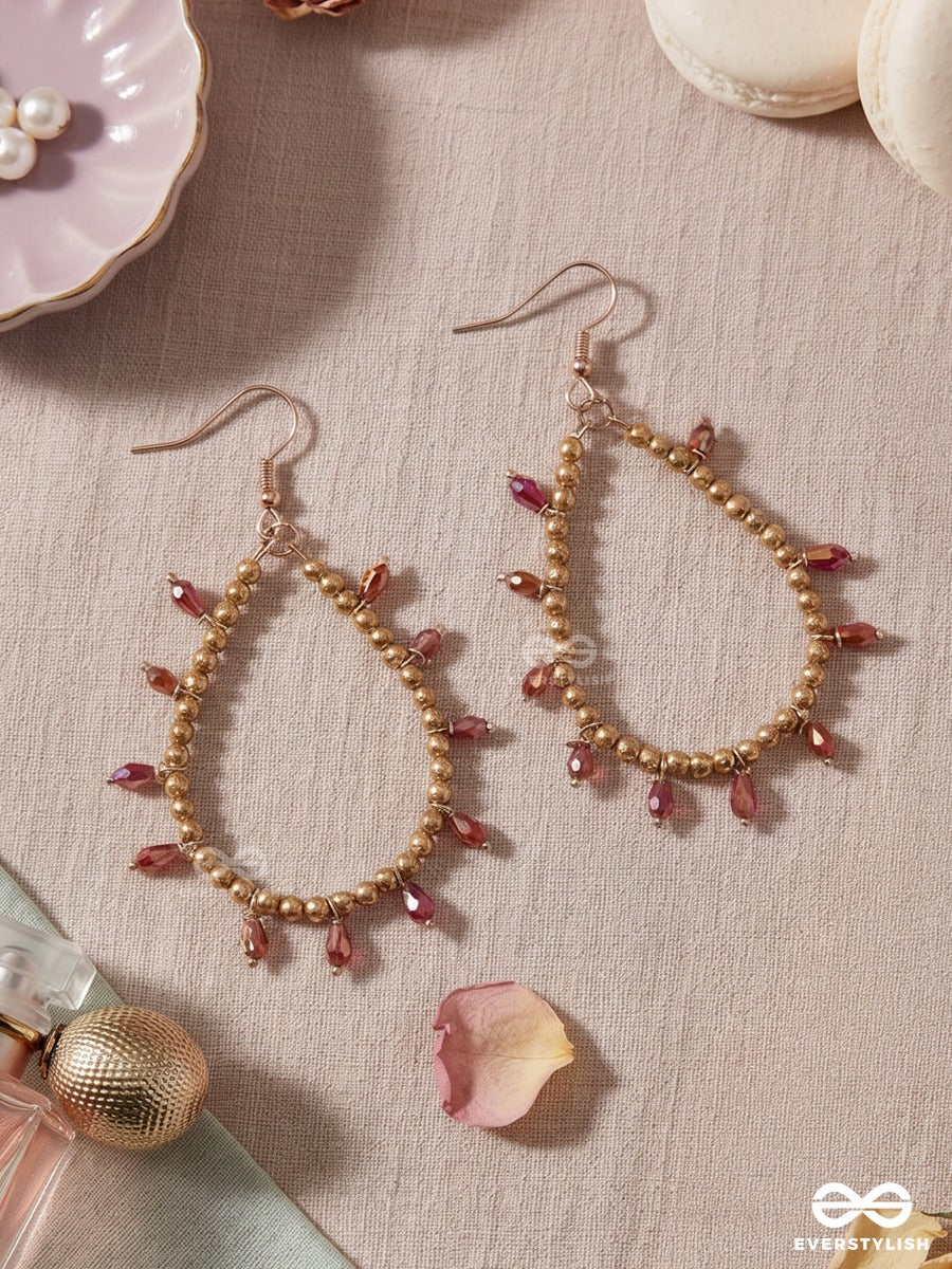 Crimson Twig – Gold Teardrop Hoop Earrings With Red Beads And Pearl Accents