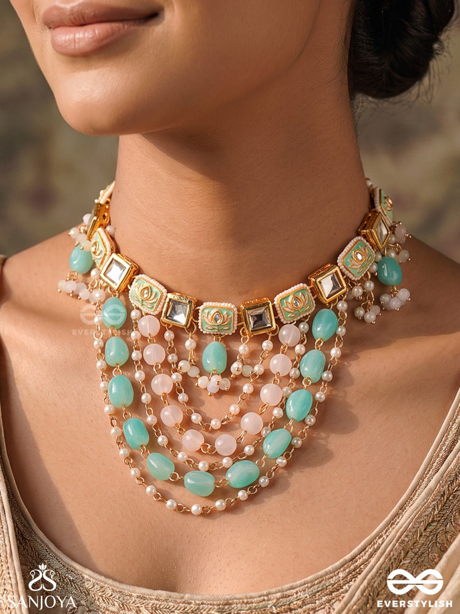 Maralika – Swan-Like Grace – Heritage Choker With Turquoise Oval Beads, Kundan Settings, Layered Pearl Drapes And Floral Accents
