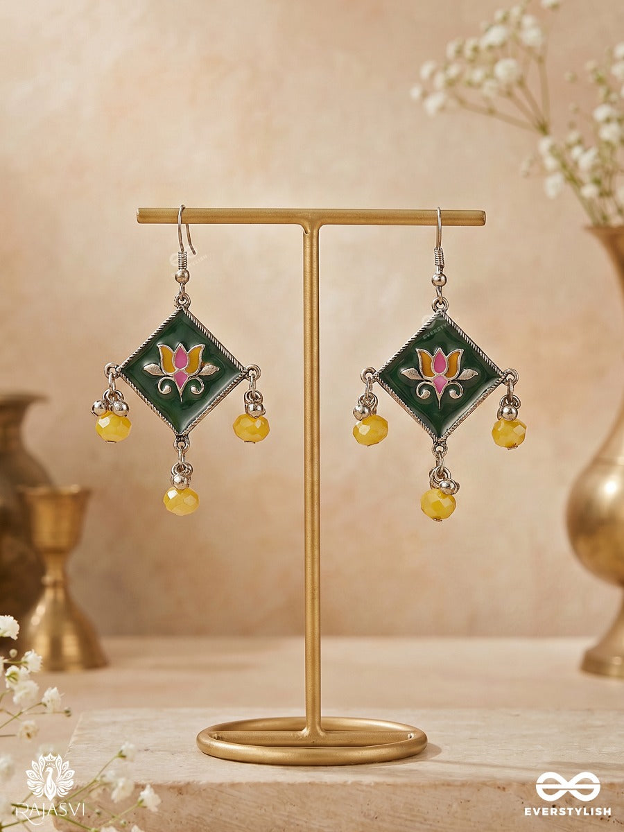Pachirang – Oxidised Enamel Heritage Earrings With Green Diamond Motifs, Floral Details And Yellow Bead Drops