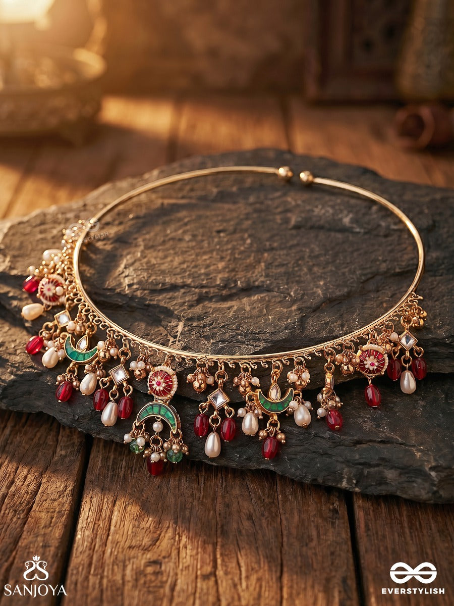 Noyonika – Beautiful Eyes – Heritage Hasli Necklace With Enamel Crescent Charms, Floral Motifs, Pearl Accents And Ruby Drops