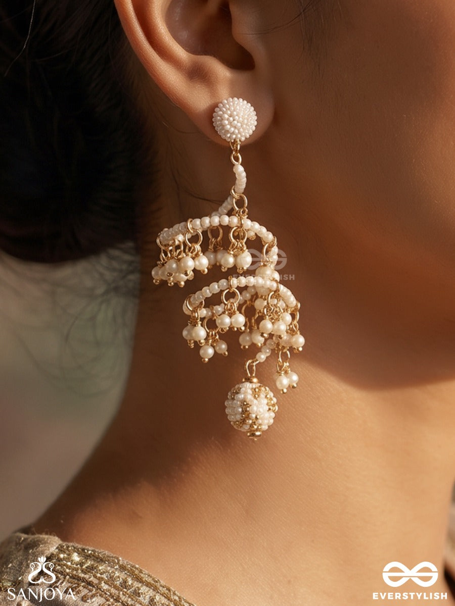 Ilampari – Young Crescent Moon – Sculptural Earrings With Cascading Pearl Clusters, Lustrous Pearl Chains And Ornamental Drop