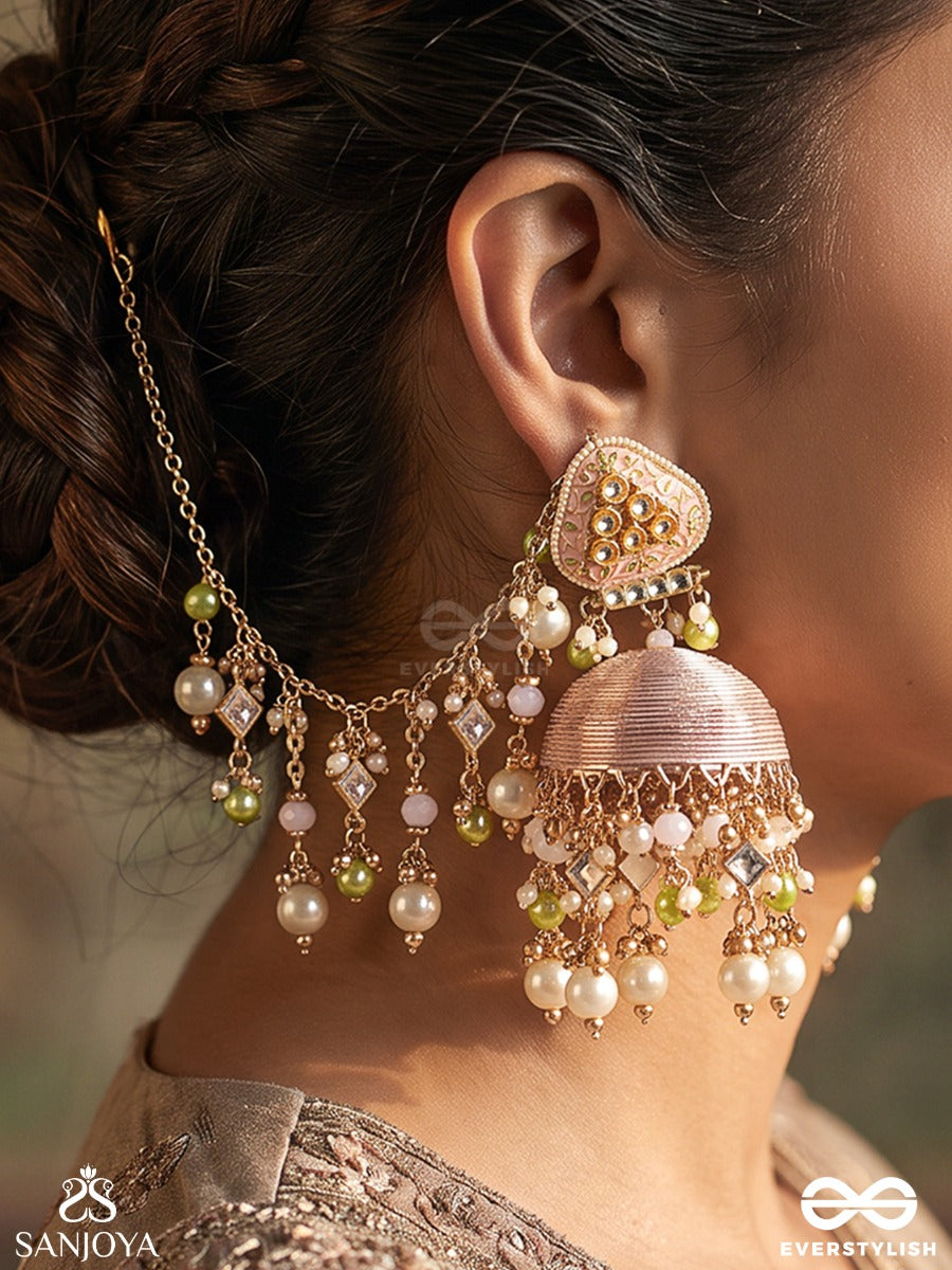 Kaushalya – Royal Grace – Heritage Chain Earrings With Silk-Wrapped Jhumka, Pearl Clusters, Pastel Bead Danglers And Delicate Ear Chain