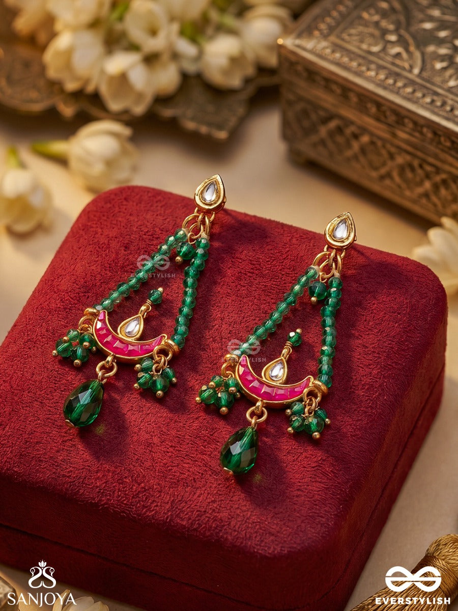 Vainateya – Celestial Majesty – Elegant Earrings With Emerald Bead Drapes, Enamel Crescent Motifs, Kundan Accents And Dangling Green Drop Charms
