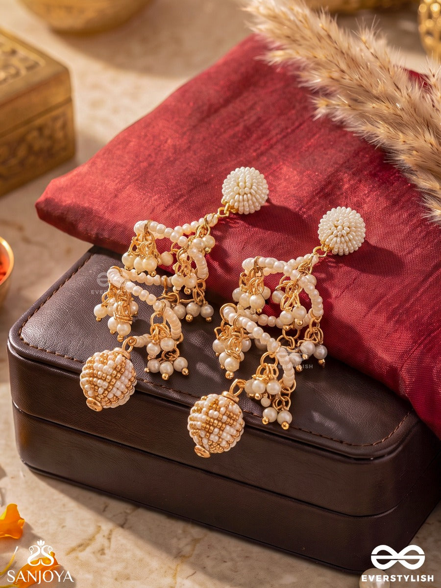 Ilampari – Young Crescent Moon – Sculptural Earrings With Cascading Pearl Clusters, Lustrous Pearl Chains And Ornamental Drop