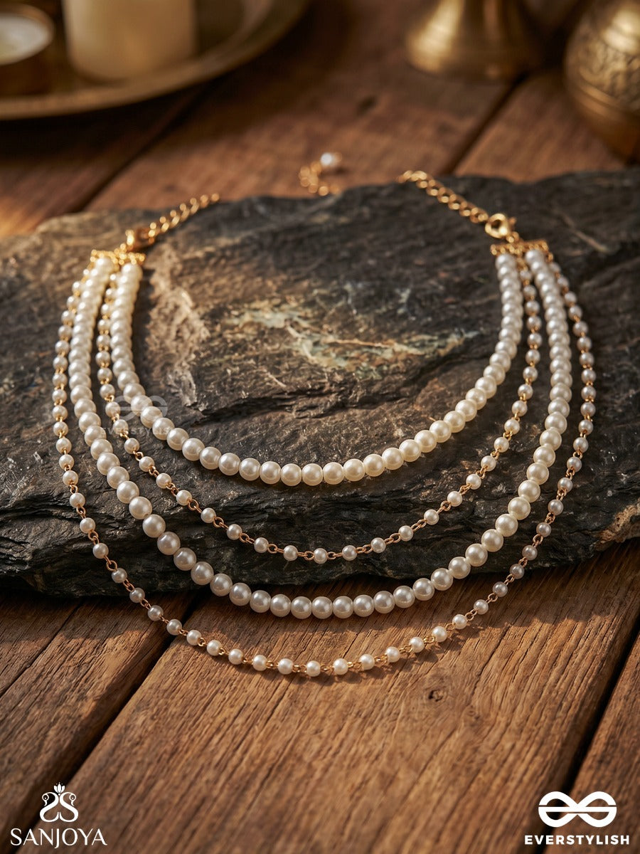 Rasaavali – Garland Of Grace – Convertible Body Jewellery That Styles As A Necklace Or Shoulder Chain With Four Layered Pearl Drapes And Delicate Golden Chains