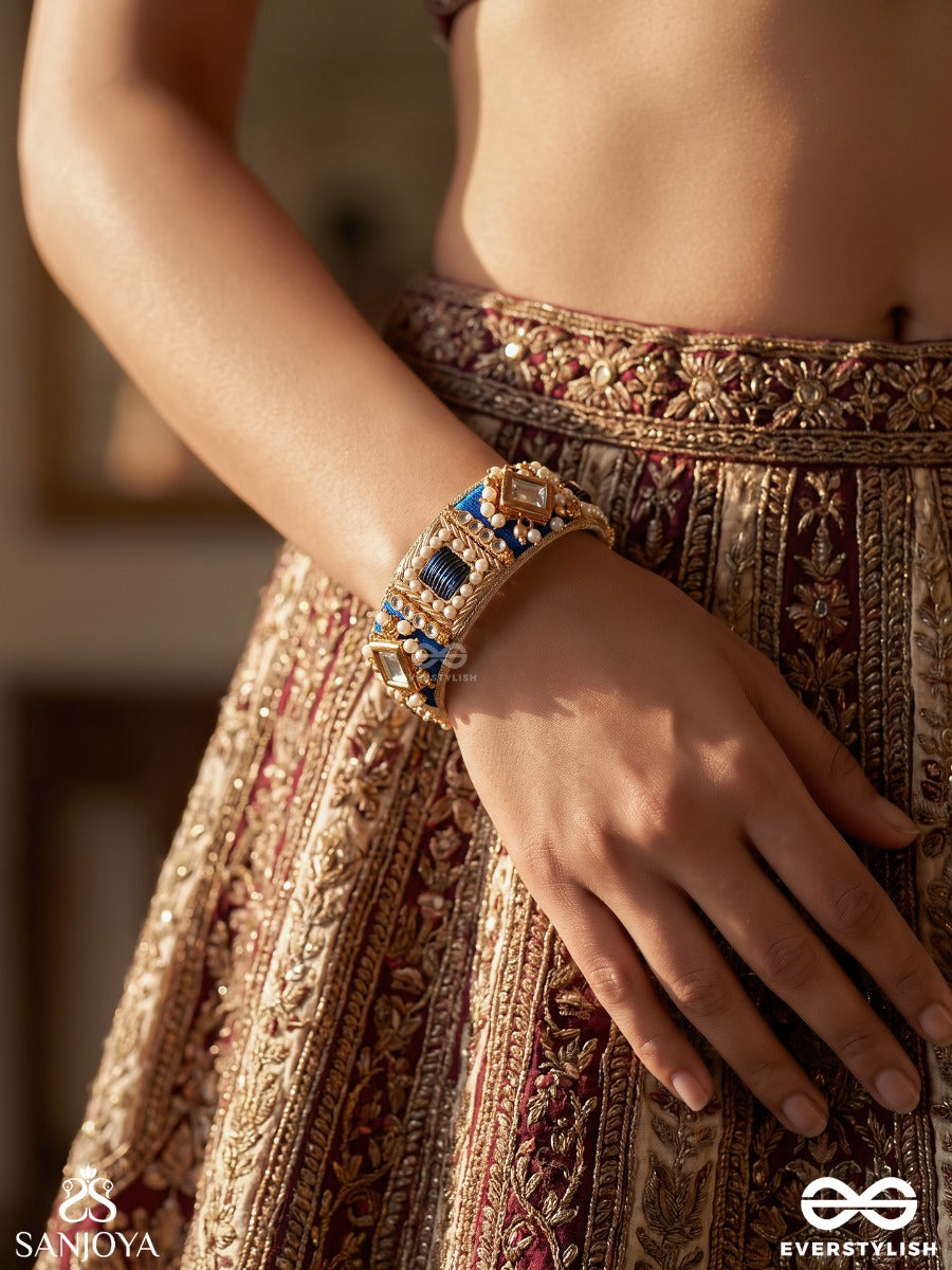 Mayukh – Ray Of Light – Heritage Bangle (Single) With Navy Threadwork, Mirror Kundan Motifs, Pearl Clusters And Handwoven Golden Detailing