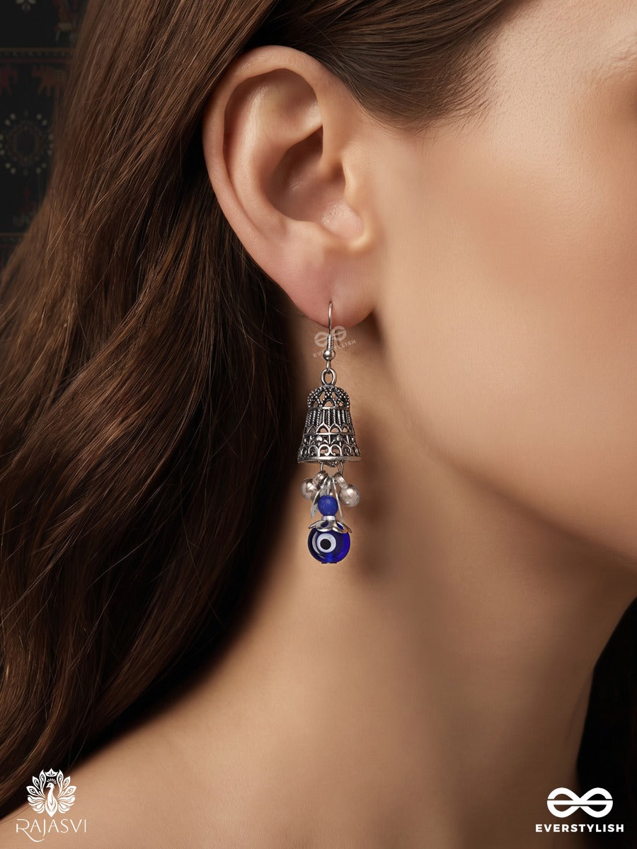 Surakshini – Mini Oxidised Jhumka Earrings With Blue Nazar Beads And Crystal Drops