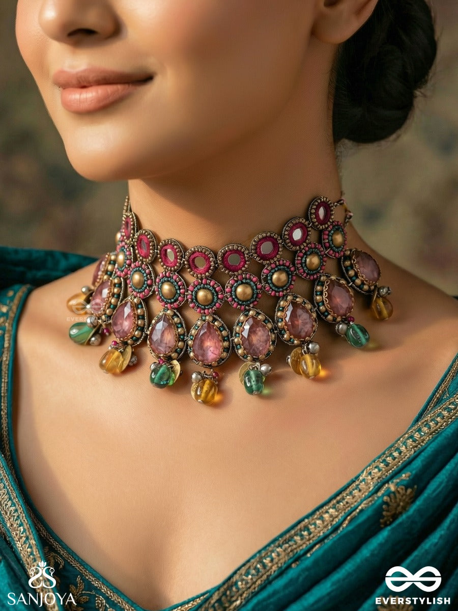 Vashikrit - The Hypnotic Tiers - Mirror, Stones, Coins And Glass Drops Hand Embroidered Oxidised Choker Neckpiece
