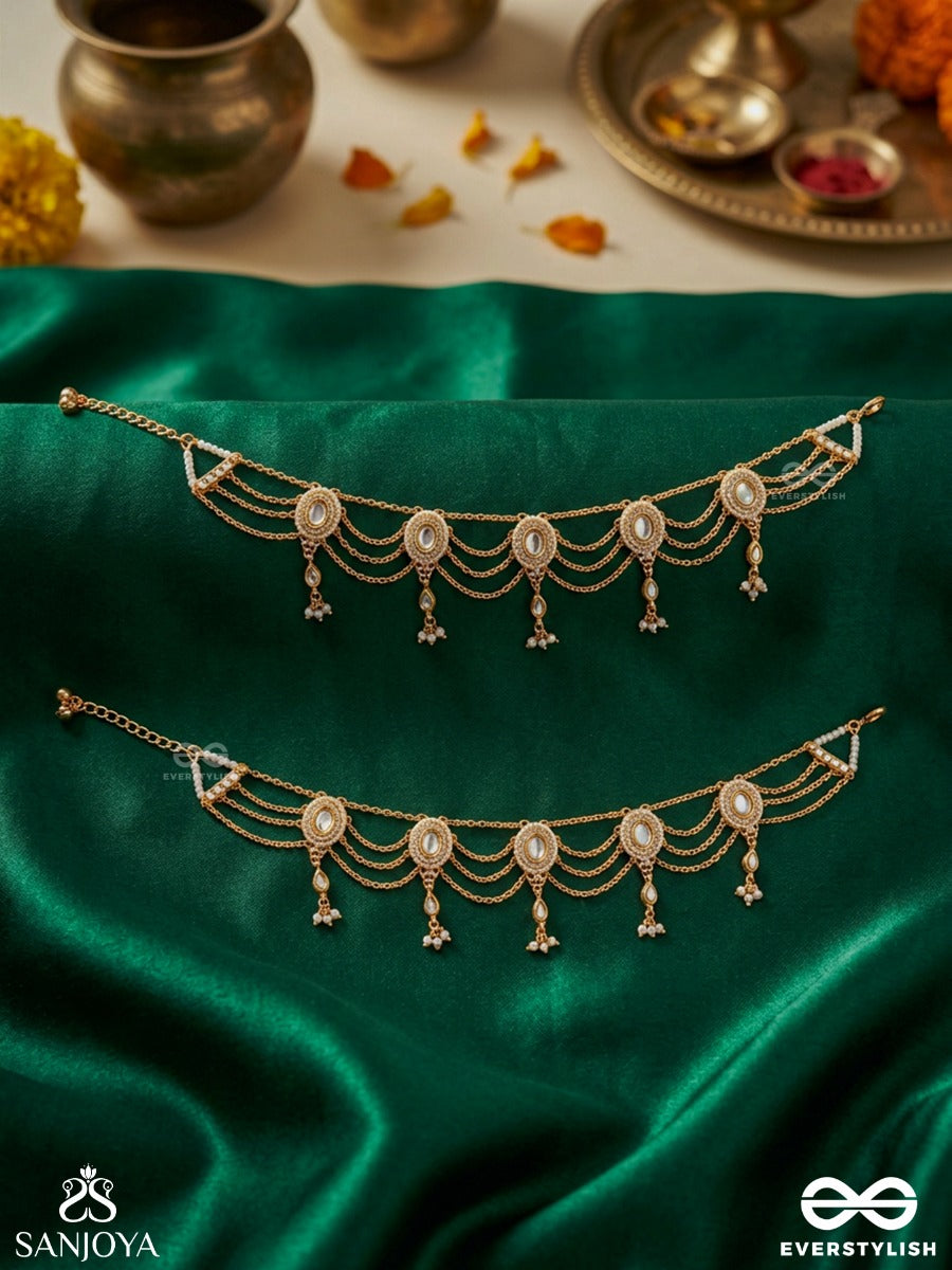 Zaibrang – Adorned Splendour – Layered Pajeb (Anklet) Set Of 2 With Pearl Drapes, Kundan Motifs And Dangling Charms