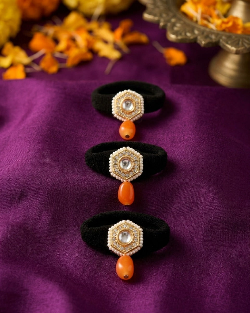 Konika - Little Corner Of Light - Pack Of 3 Hair Accessories With Round Mirror Motifs, Pearl Edging, Golden Details And Orange Bead Drops