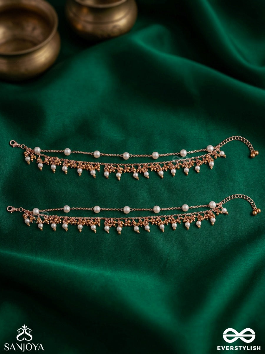 Falgunika – Spring Bloom – Delicate Pajeb (Anklet) Set Of 2 With Pearl Links, Ghungroo Fringes And Golden Chain Details